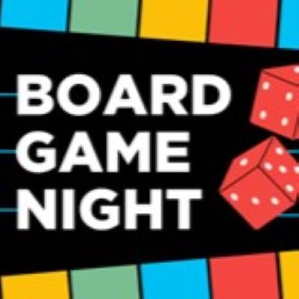 sign that says Board Game Night, alongside pair of dice