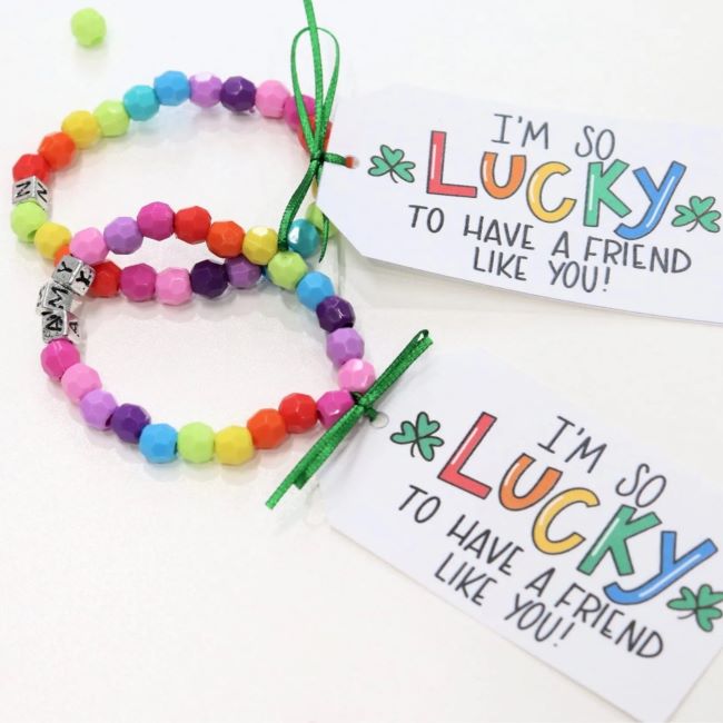 colorful beaded bracelets with attached tag that reads I'm so LUCKY to have a friend like you!
