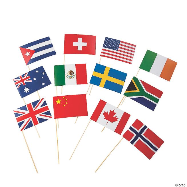 12 miniature flags of assorted countries, attached to toothpicks