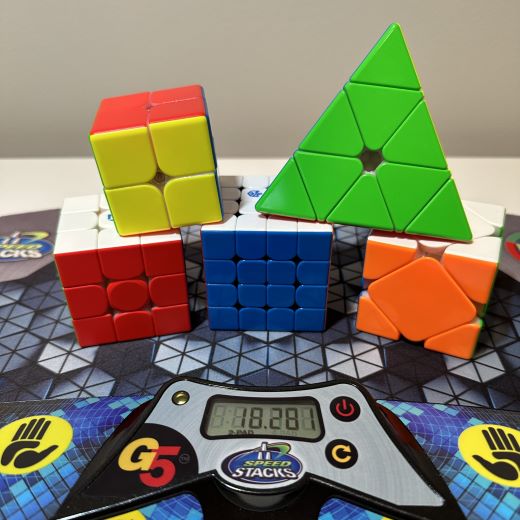 An array of colorful rubrics-type cubes