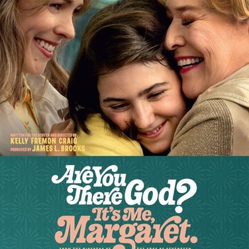 girl being hugged by mother and grandmother above the title Are You There God? It's Me, Margaret