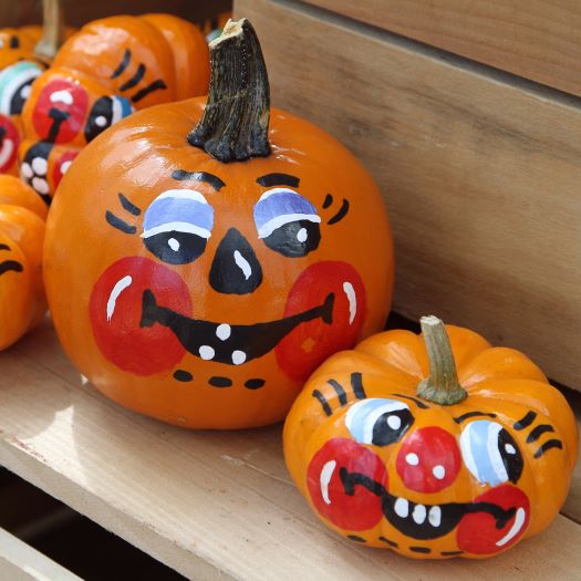 Two pumpkins with silly faces painted on