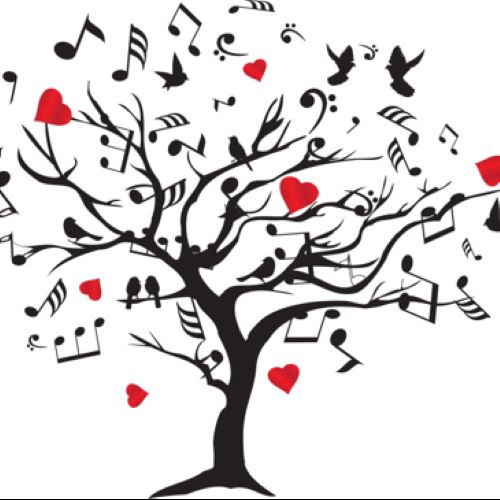 drawing of a tree with red hearts and musical notes on the branches