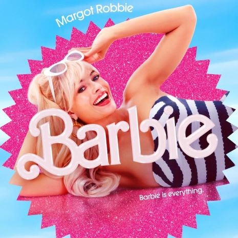 movie poster showing woman in bathing suit with the Barbie logo in front