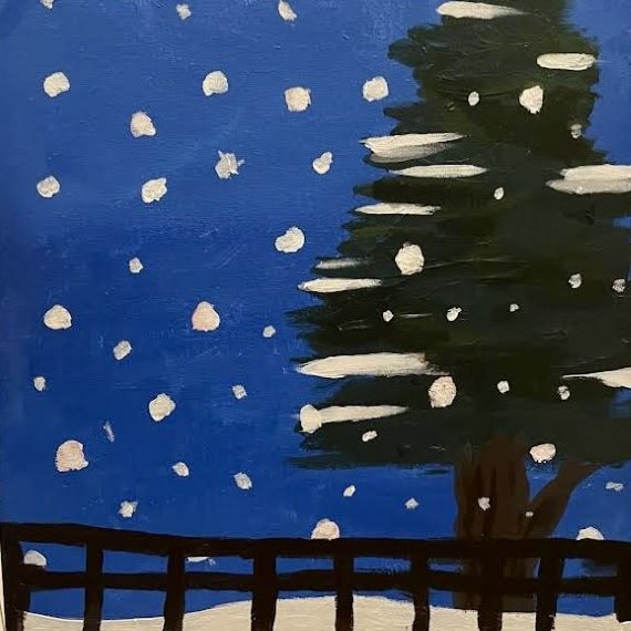 painting of snow falling on giant fir tree in a field