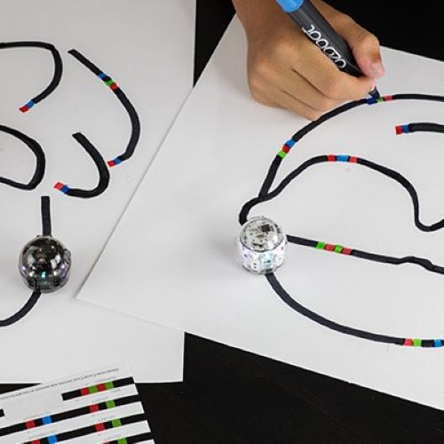 Mini round robots that are programmed to trace a course drawing