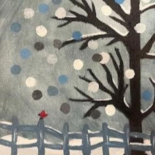 painting of snow falling on bare tree behind a split rail fence