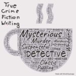 drawing of coffee cup covered with words like mysterious, murder, suspenseful detective