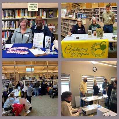 collage of service groups at tables set up in a library