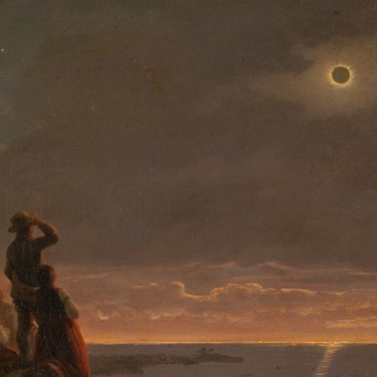 figures on a prairie with an eclipse in the sky
