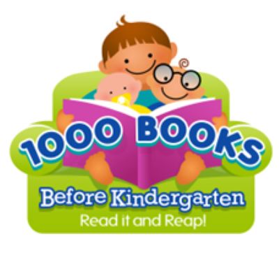 cartoon of parent reading to two children on lap with logo 1000 Books Before Kindergarten
