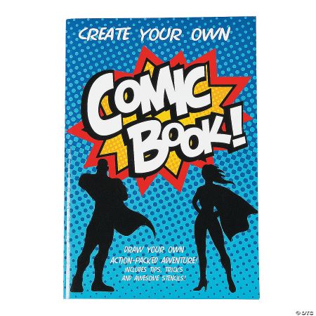 A "Create your own Comic Book," featuring silhouettes of superheroes on the front