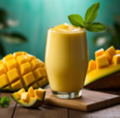 Cooler in glass with diced mango along side