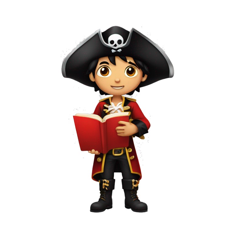 young boy dressed as pirate reading a book