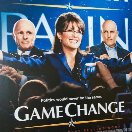 movie poster with words Game Change underneath actors portraying John McCain and Sarah Palin