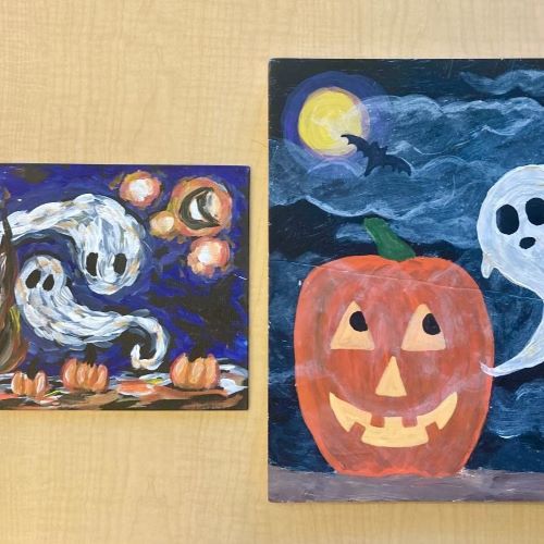 two canvases with Halloween ghost scenes