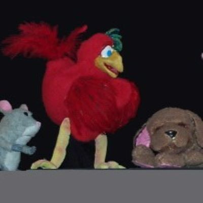 grey mouse, red hen and brown puppy puppets