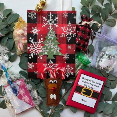 holiday red plaid gift bag surrounded by felt reindeer and clear pouches of note cards, candles and treats