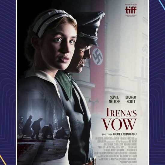 movie poster of woman in servants attire next to man in Nazi uniform with words Irena's Vow