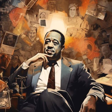 Drawing of Langston Hughes, sitting in chair with images of people around his head