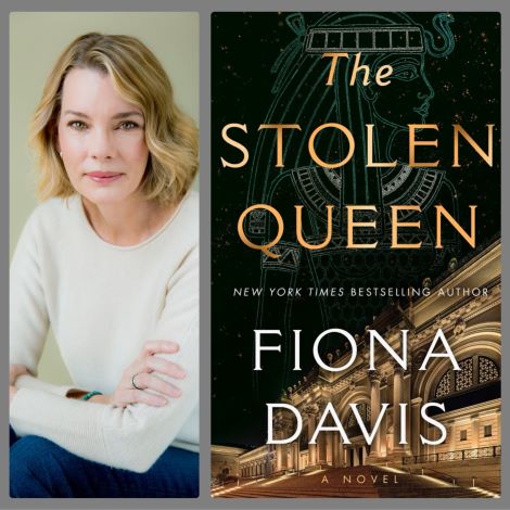 side by side photos of woman with arms crossed on lap and book jacket with title "The Stolen Queen" above illustration of the Metropolitan Museum