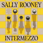 Book jacket that looks like chessboard with pieces casting shadows in the shape of people. Below is book title Intermezzo