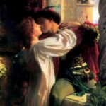 painting depicting young man (Romeo) climbing in window of young woman (Juliet)
