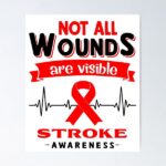 drawing of red ribbon in front of heart monitor lines with wording Stroke Awareness