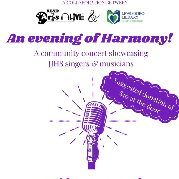 poster with purple writing that states An evening of Harmony, above clip art of a microphone