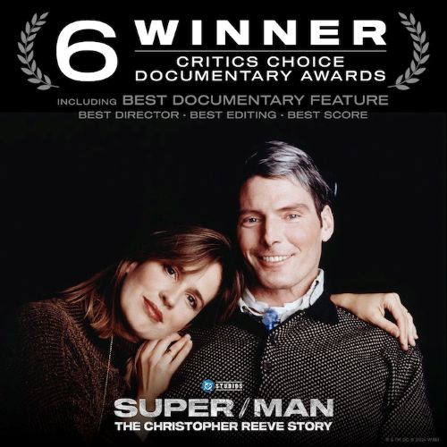 man in wheelchair with woman knelt beside with her head on his shoulder beneath words Super/Man The Christopher Reeve Story