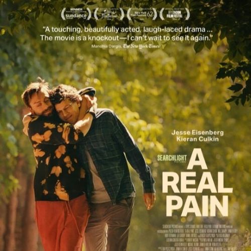 Two men, hugging, walking down a tree-lined street, next to the title A Real Pain
