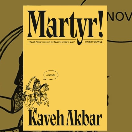 Yellow Book Cover with the word Martyr! on the front, above drawing of a soldier waving a sword, seated on a horse