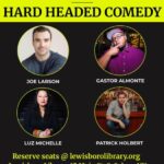 Flyer with banner reading Hard Headed Comedy, above 4 circular photos with a man in three of them and a woman in the other