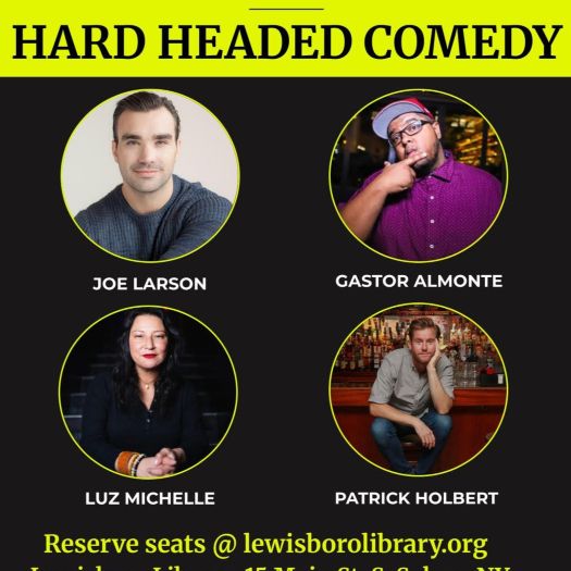 Flyer with banner reading Hard Headed Comedy, above 4 circular photos with a man in three of them and a woman in the other