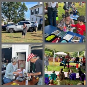 collage of four pictures showing: woman singing in front of a car, child working on a fairy garden, children's singer performing, man purchasing items at attic treasures sale
