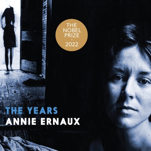 black and white photo of a woman's face, alongside book title The Years.