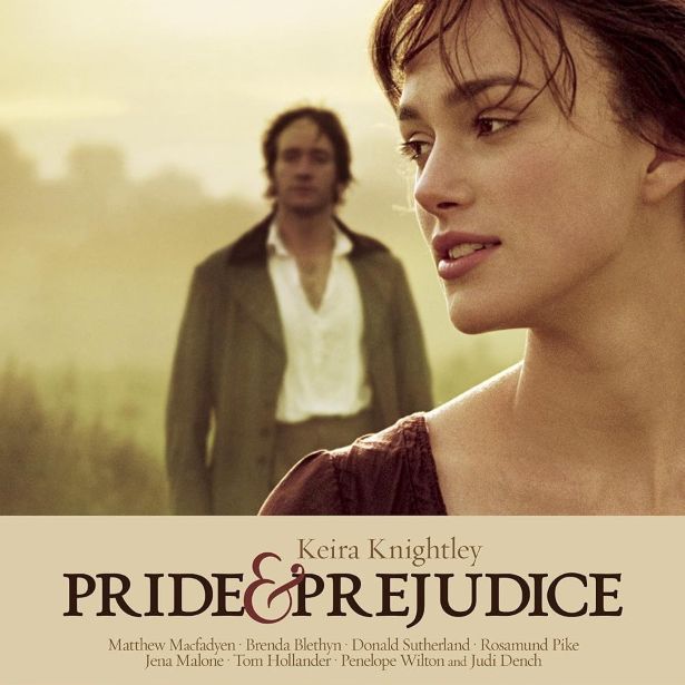 movie poster with title Pride & Prejudice below photo of young woman looking behind her at a blurred out man