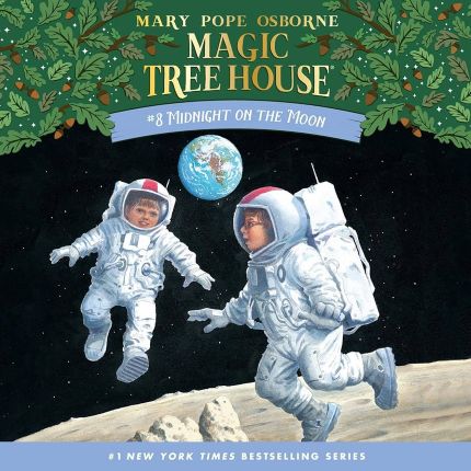 book cover with title Midight on the Moon and drawing of two children in astronaut suits floating in space