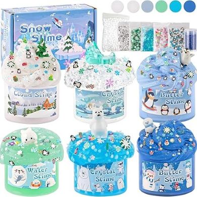 Display of slime kits with winter decorations.