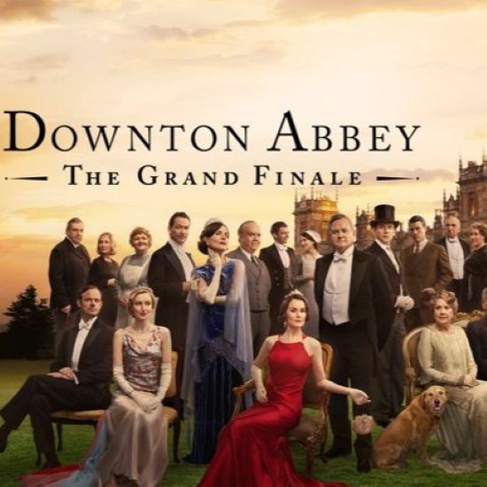 Well dressed people sitting and standing outside on the lawn of a manor home, with the words "Downton Abbey: The Grand Finale: above their heads.