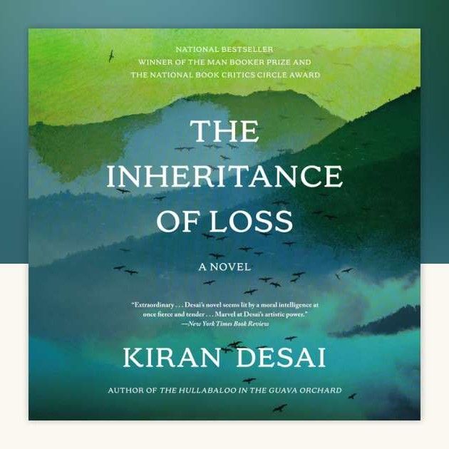 Book cover with drawing of birds flying through the mountains. Book title is "The Inheritance of Loss?