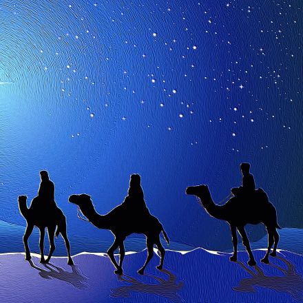 Drawing of silhouettes of three people riding camels under a starry sky