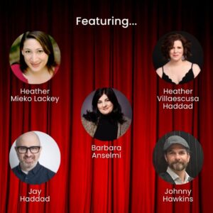 Red curtains as backdrop for head shots of three women and two men