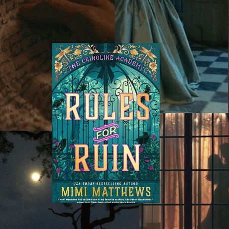 Book Cover with title "Rules for Ruin" superimposed over color drawing of a heavy wrought iron gate at dusk, with purple flowers entwined in it.
