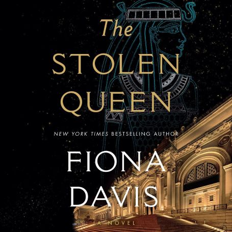 Illustrated book cover featuring metropolitan museum of art behind title "The Stolen Queen"