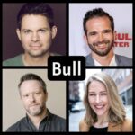 Collage featuring head shots of 3 men and 1 woman, with a graphic in the middle with the word Bull