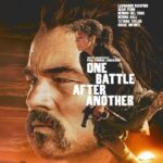 movie poster with title "One Battle After Another" superimposed over close-up of man's head and young woman with a gun