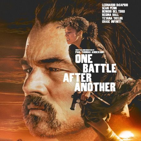 movie poster with title "One Battle After Another" superimposed over close-up of man's head and young woman with a gun