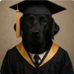 black lab dressed in graduate cap and gown
