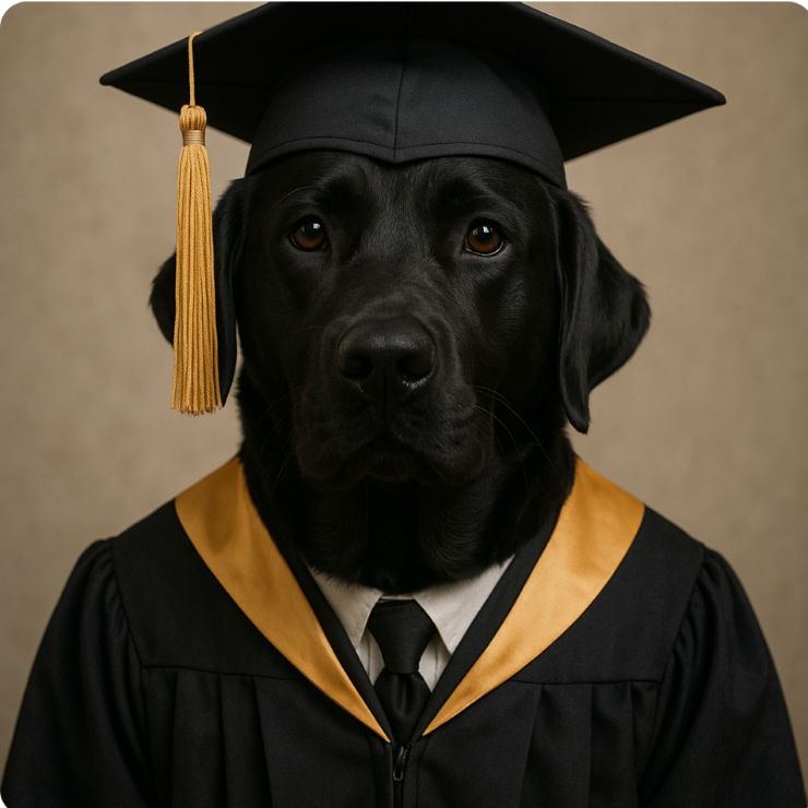 black lab dressed in graduate cap and gown